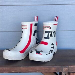 Hunter White and Red Rain Boots